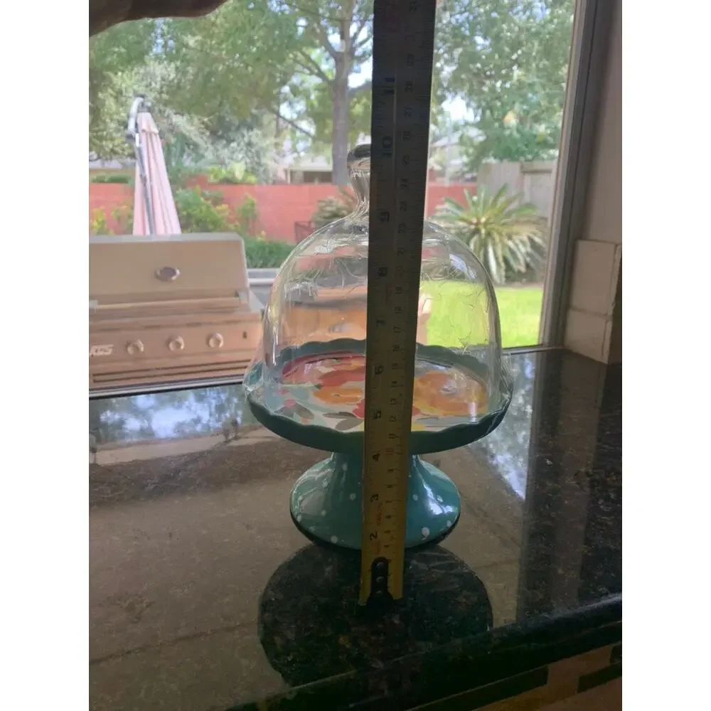 Pioneer Woman Flea Market Mini Cake Stand with Glass Dome Cover Teal Pedestal
